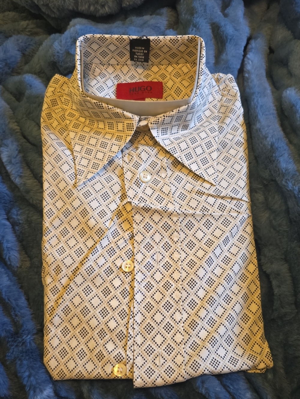 Hugo Boss Men's Tan Dress Shirt with Black Geometric Print